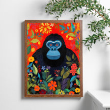 Gorilla schilderij Kleurrijke Bloemen Bladeren Pos