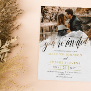 Gossamer Overlay Gold Foil Foto Informal Wedding Folie Uitnodiging