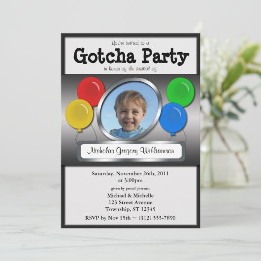 Gotcha Party Ballon Adoptie Uitnodigingen (Staand voorkant)