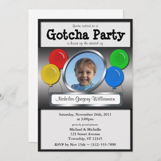 Gotcha Party Ballon Adoptie Uitnodigingen (Voorkant / Achterkant)