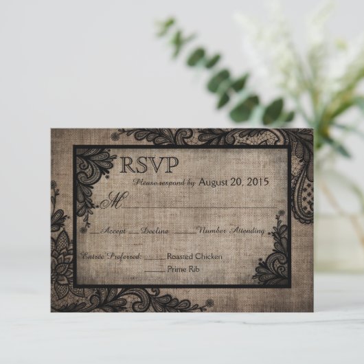 Goth Black Lace Russe Burlap Carte RSVP (Debout devant)