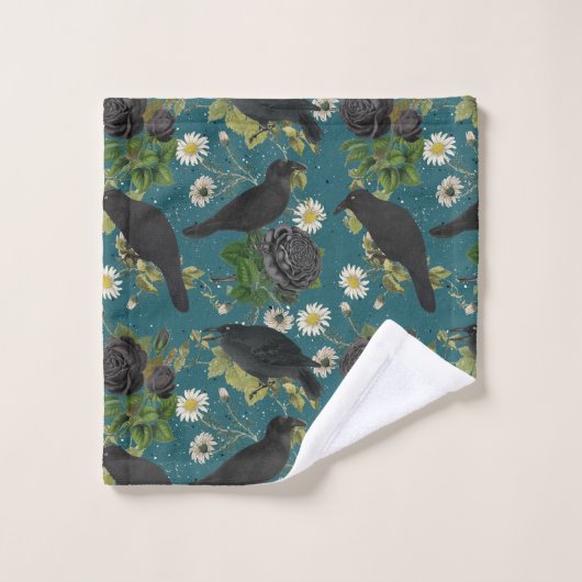 Goth Crows et Roses noirs Profond Turquoise Motif (Gant de toilette)