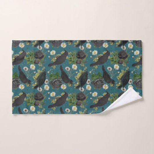 Goth Crows et Roses noirs Profond Turquoise Motif (Serviette à main)