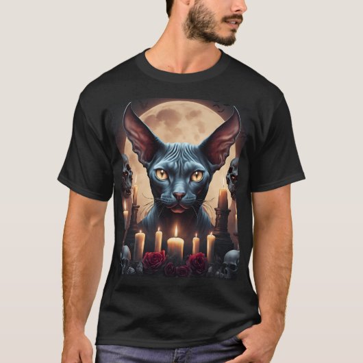 Goth Elf Sphynx Chat Art Occulte Halloween T-shirt (Devant)