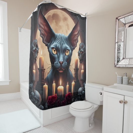 Goth Elf Sphynx Chat Douche Rideau Occulte gothiqu (En situation)