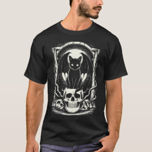 Goth Griezige Zwarte Kat Schedel Vleermuis Skelet T-shirt