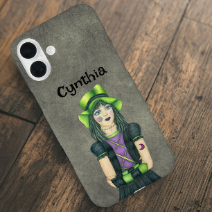 Goth-meisje groen zwart haar tatoeages grijs iPhone 16 plus hoesje