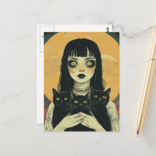 Goth Meisje Met Drie Zwarte Katten Briefkaart