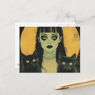 Goth-meisje met twee zwarte katten briefkaart