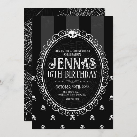 Goth Meisje Zwart & Wit Schedel Feest Uitnodiging (Voorkant / Achterkant)