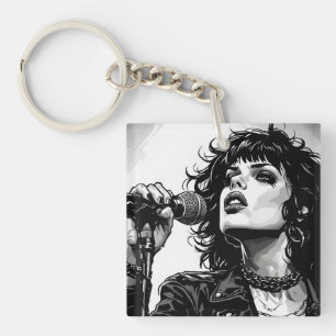 Goth Punk Meisje Zanger Retro Grafische Kunststijl Sleutelhanger
