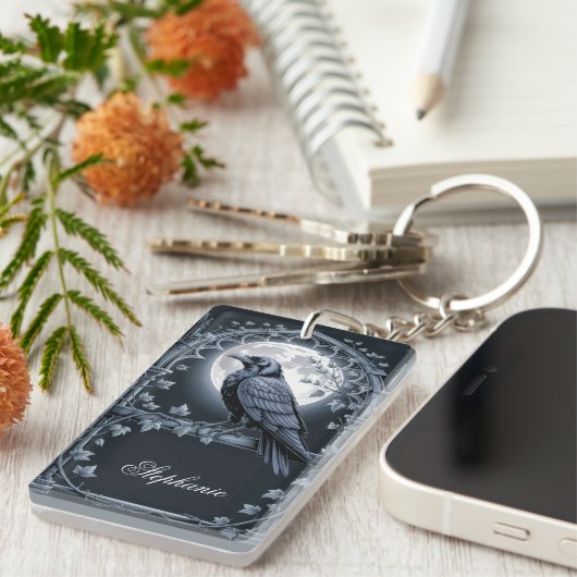 Goth Raven Moon Keychain (Voorkant Rechts)