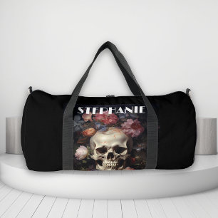 Goth Schedel en Bloemen Aangepaste Naam Plunjezak