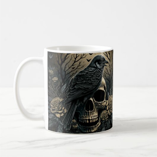 Goth Skull Art with Raven Design Koffiemok (Links)