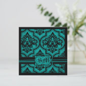 Goth Turquoise Black Mariage damassé Invitations (Debout devant)