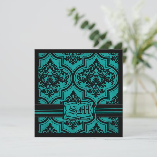 Goth Turquoise Black Mariage damassé Invitations (Debout devant)