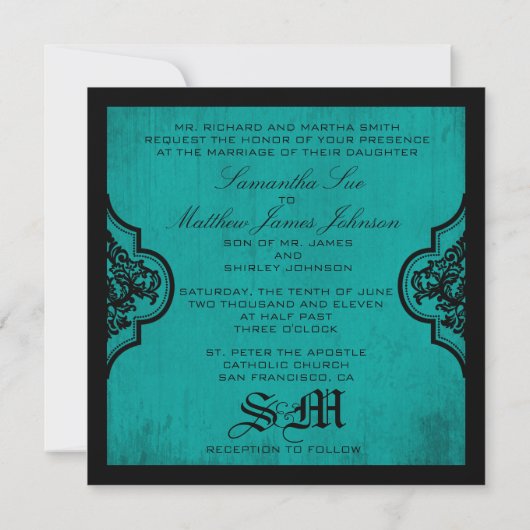 Goth Turquoise Black Mariage damassé Invitations (Dos)