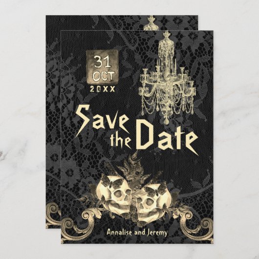 Gothic 31 okt. Skeleton Halloween Wedding Save The Date (Voorkant / Achterkant)