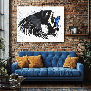 Gothic Angel Wings Black Cat Canvas Afdruk