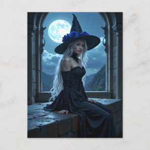 Gothic Anime Witch Blue Roos Moonlit Halloween Feestdagenkaart