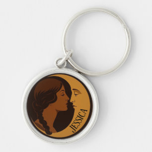 Gothic Art Deco-meisje en halve maan bewerkbaar Sleutelhanger