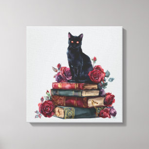 Gothic Art Zwarte Kat Antiek Boeken Crimson Rozen Canvas Afdruk