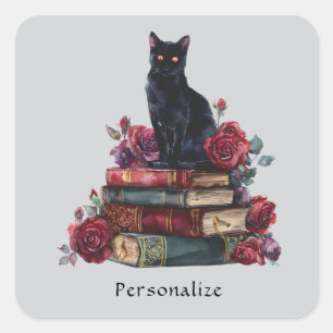 Gothic Art Zwarte Kat Antiek Boeken Crimson Rozen Vierkante Sticker
