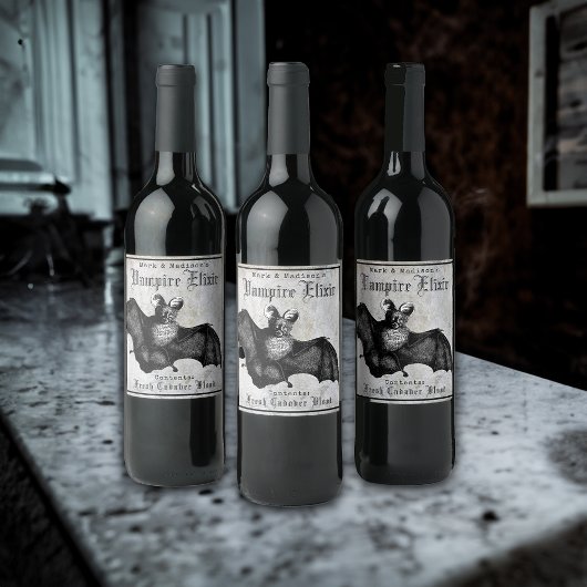 Gothic Bat Halloween Vampire Elixir Wijn Etiket
