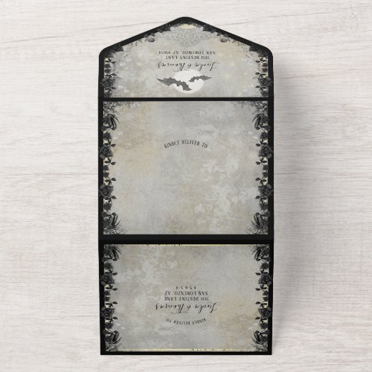 Gothic Bats MENU Elegant Halloween Wedding All In One Uitnodiging (Buitenkant)