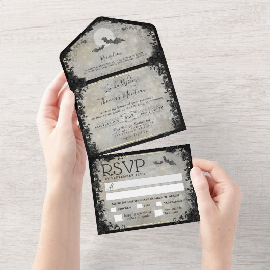 Gothic Bats MENU Elegant Halloween Wedding All In One Uitnodiging (Afscheurbaar)