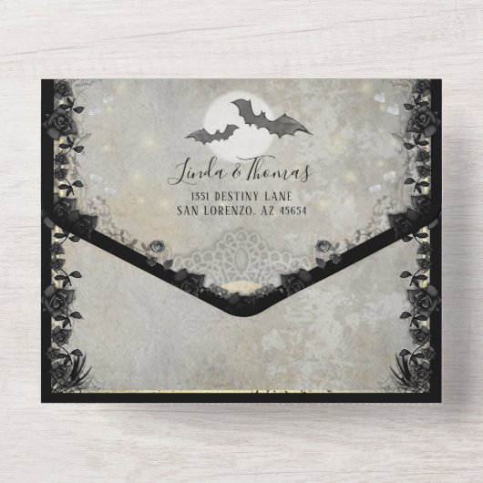 Gothic Bats MENU Elegant Halloween Wedding All In One Uitnodiging (Achterkant)
