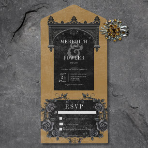 Gothic Black Arch & Black Rozen Goud Geen Diner All In One Uitnodiging