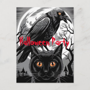 Gothic Black Crow & Cat Spooky Halloween Party Briefkaart