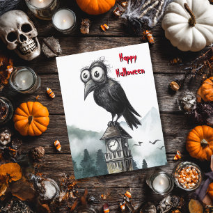 Gothic Black Crow & Toren Spooky Halloween Feest Briefkaart