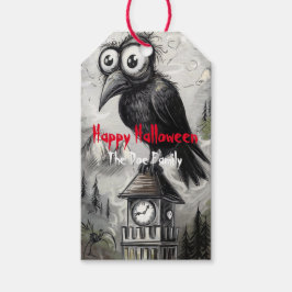 Gothic Black Crow & Tower Spooky Halloween Cadeaulabel