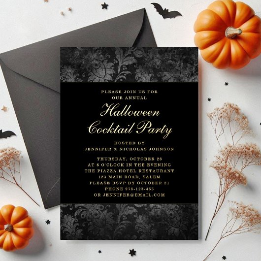 Gothic Black Damask Halloween Cocktail Gold Folie Uitnodiging