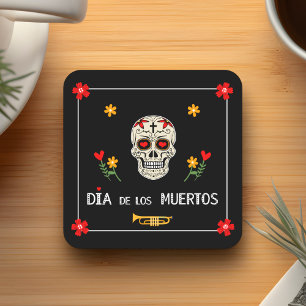 Gothic Black Dia de los Muertos Sugar Skull Vierkante Kartonnen Onderzetter