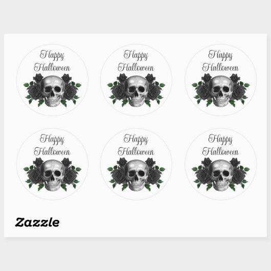 Gothic Black Floral Skull Halloween Ronde Sticker (Vel)