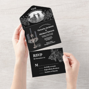 Gothic Black Floral Weduwfoto in één keer uitnodig All In One Uitnodiging