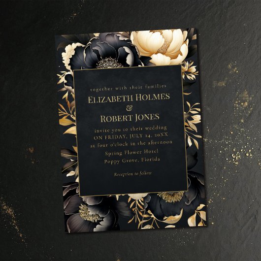 Gothic Black & Gold Peony Wedding Invitation