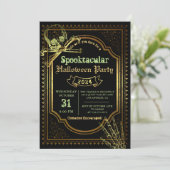 Gothic Black & Gold Skull Halloween Costume Party Kaart (Staand voorkant)