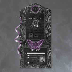 Gothic Black Paarse Filigraan Mot QR-code All In One Uitnodiging