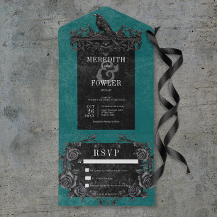 Gothic Black Raven & Black Rozen Blauwgroen Geen D All In One Uitnodiging