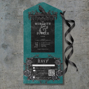 Gothic Black Raven & Black Rozen Blauwgroen QR-cod All In One Uitnodiging