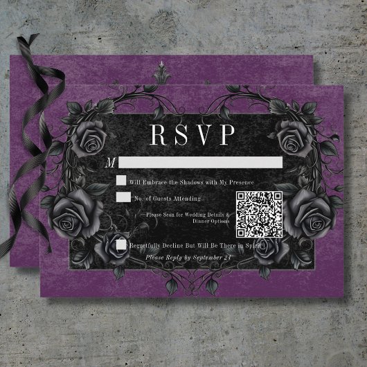 Gothic Black Raven & Black Rozen Paarse QR-code RSVP Kaartje