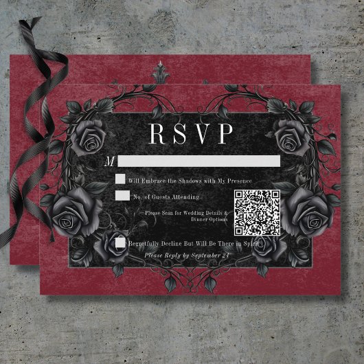 Gothic Black Raven & Black Rozen Wijn QR Code RSVP Kaartje