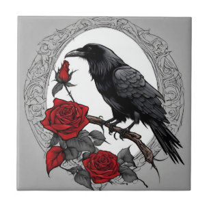 Gothic Black Raven met rode rozen Tegeltje