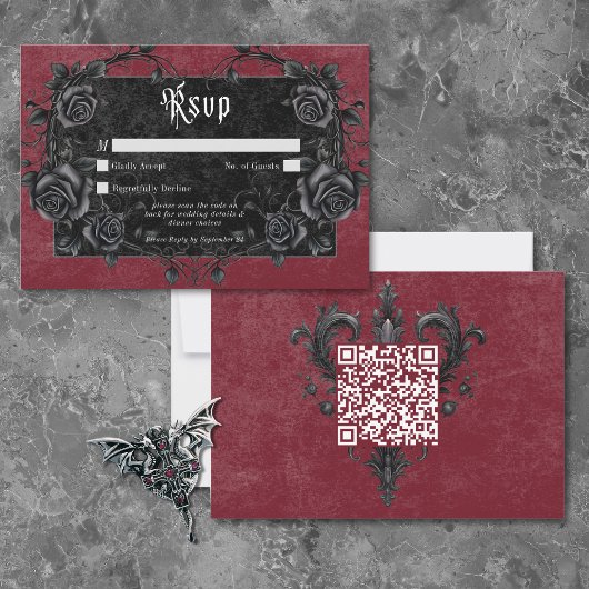 Gothic Black Raven & Roses Burgundy QR Code RSVP Kaartje