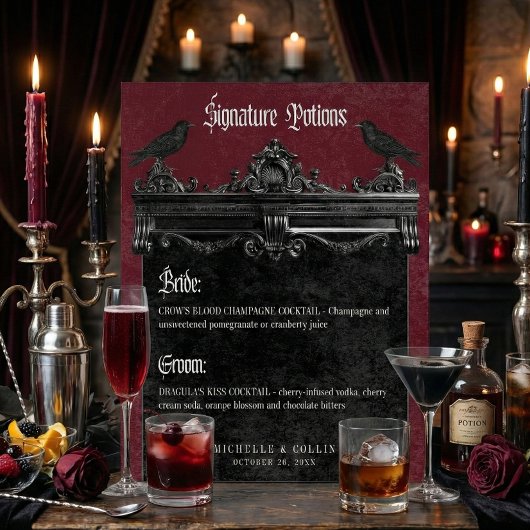 Gothic Black Raven & Roses Burgundy Wedding Drinks Reclamebord Met Voetstuk