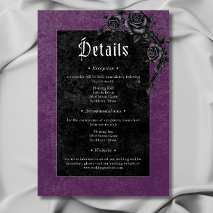 Gothic Black Raven Rozen Paarse bruiloft Details Informatiekaartje